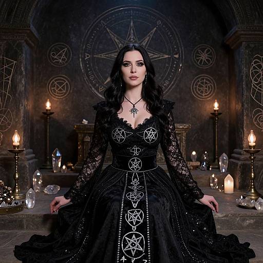 Photograph of a pale-skinned woman with black hair, wearing a black lace gothic dress adorned with occult symbols, standing in a dimly lit