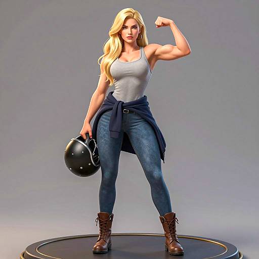 Strong Blonde Woman Flexing Muscles with Helmet
