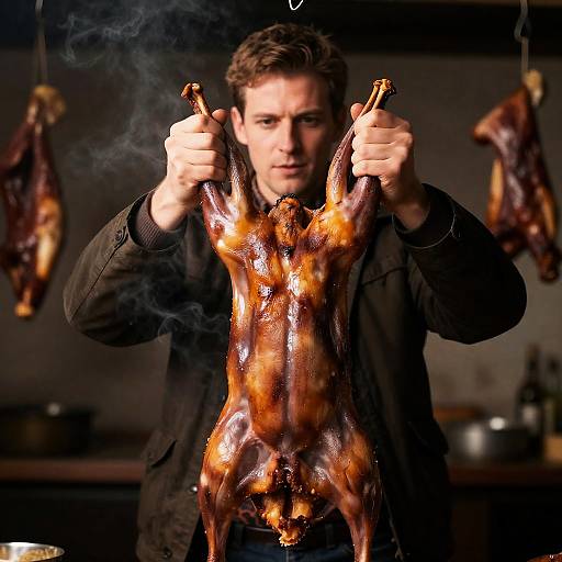 Man Holding Roasted Rabbit