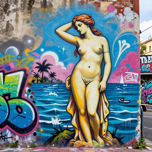 Vibrant graffiti mural of a nude, red-haired woman with a hand in her hair, standing by a colorful ocean scene.
