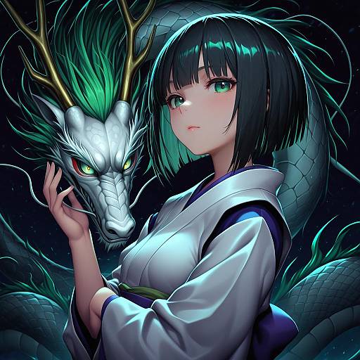 Illustration of Haku (sen to chihiro no kamikakushi), sen to chihiro no kamikakushi in the style of Fi-san