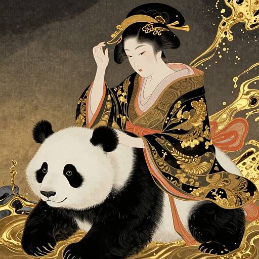 Ornate Ukiyo-e Woman Riding Panda