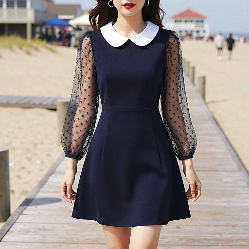 Woman in Preppy Navy Dress on Boardwalk