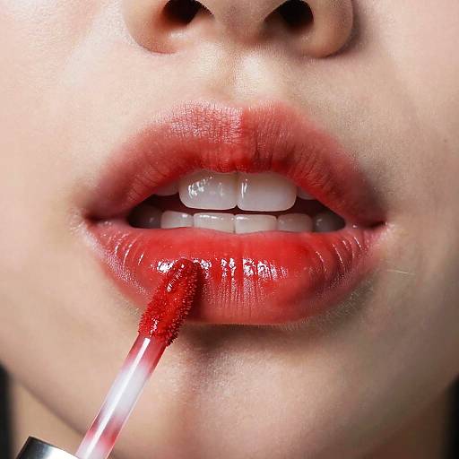 Close-up photograph of a person's lips applying bright red lipstick with a red-tipped lipstick applicator, highlighting glossy, full lips and white teeth.