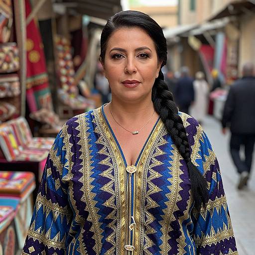 Photograph of a South Asian woman with long black hair in a braid, wearing a blue and gold patterned traditional dress, standing in a bustling