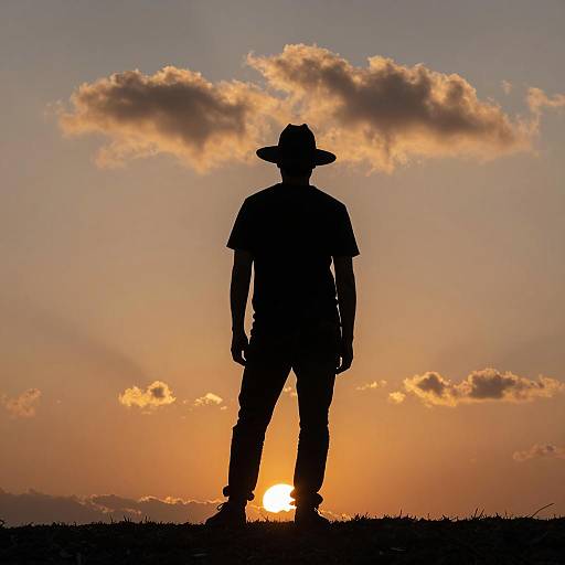 Silhouetted Man at Sunset with Wide-Brim Hat