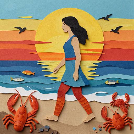 Paper cut-out art of a woman with black hair, blue dress, red pants, walking on beach at sunset, surrounded by crabs, fish,