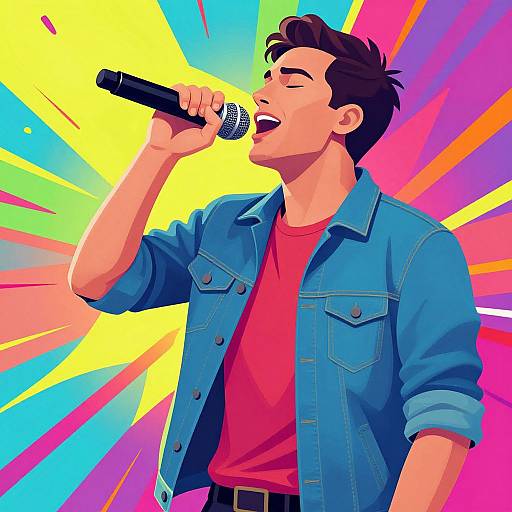 Digital illustration of a young man with short dark hair, singing into a microphone. He wears a blue denim jacket over a red shirt, set against a