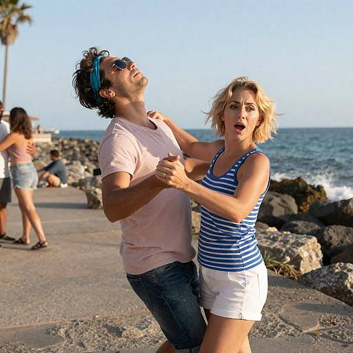 Joyful Dance on Rocky Shoreline