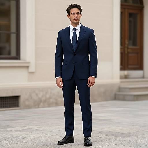 Photograph of a handsome man in a dark navy suit, white shirt, and black tie, standing confidently in an urban courtyard.
