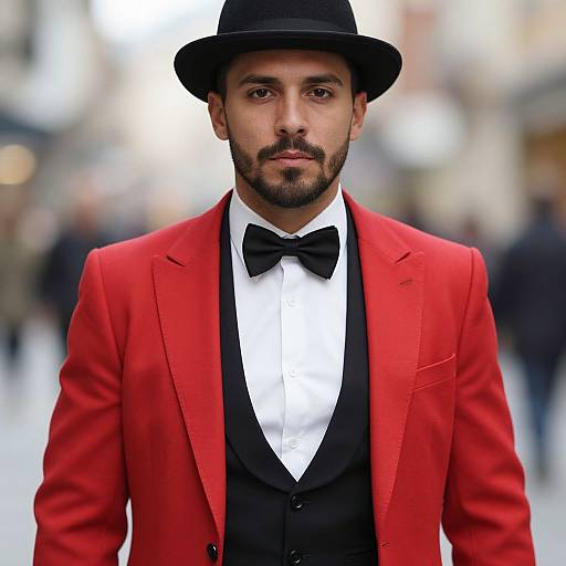 Photograph of a bearded man with olive skin, wearing a black bow tie, white shirt, black vest, and striking red blazer, topped