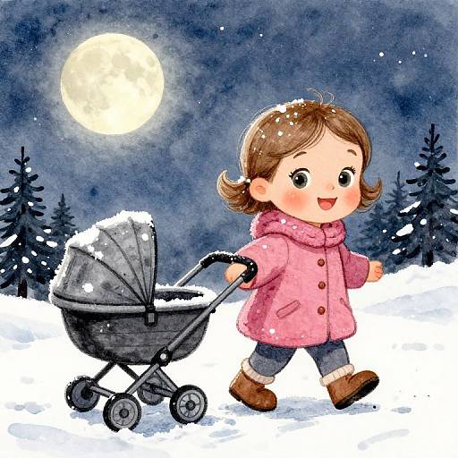 Toddler Girl Pulling Stroller in Snow