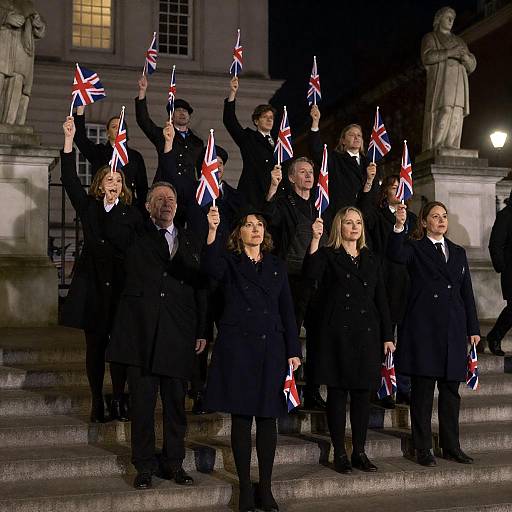 Vibrant Night Gathering with British Flags