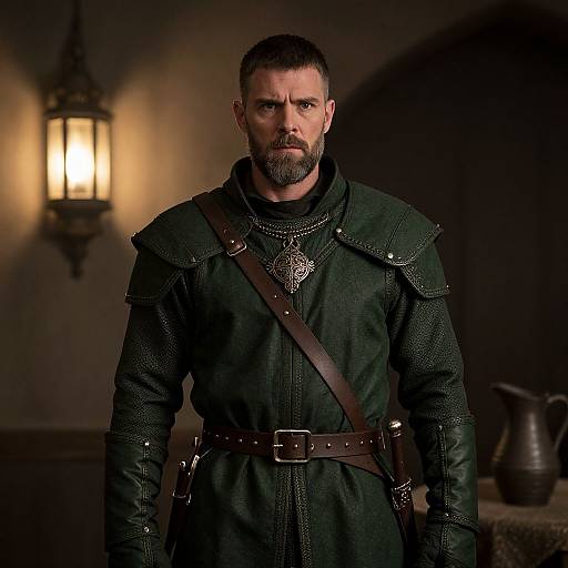 Photograph of a bearded, muscular man with dark hair, wearing medieval black leather armor, brown belt, and silver emblem, standing in dimly