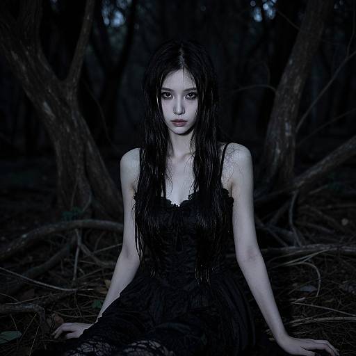 Photograph of a pale, young woman with long, wet black hair, wearing a black, lace dress, sitting in a dark, dense forest,