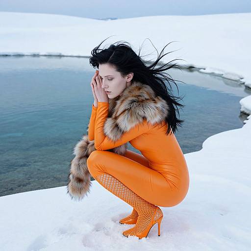 Photograph of a pale-skinned woman with black hair, squatting in snowy landscape, wearing bright orange fur-trimmed bodysuit, fish
