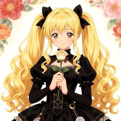 Anime-style digital drawing of a blonde girl with long twin-tails, wearing a black gothic dress, holding a rose, surrounded by colorful flowers.