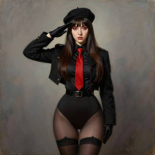 Photograph of a dark-haired woman in a black military-style outfit with red tie, black beret, black gloves, sheer stockings, saluting,