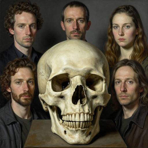 Photograph of five white adults with curly and straight brown hair, serious expressions, surrounding a large, detailed human skull on a table. Dark background.