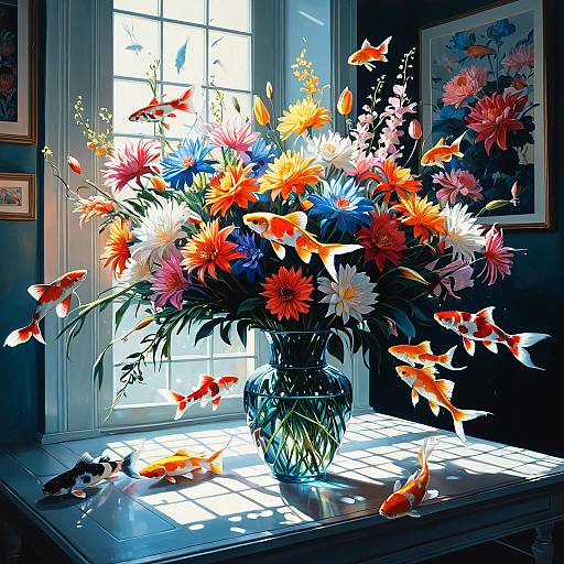 Colorful Flower Bouquet with Flying Koi Fish
