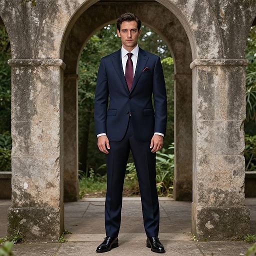 Man in Navy Silk Suit by Ancient Arches