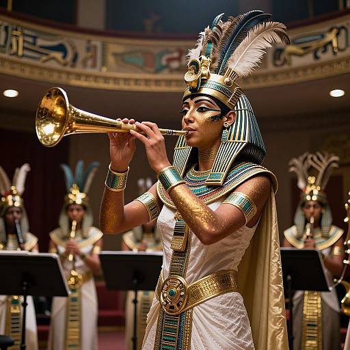 Photograph of an Egyptian woman in traditional headdress and white dress, playing a golden trumpet on stage with other musicians in ornate headpieces. Rich