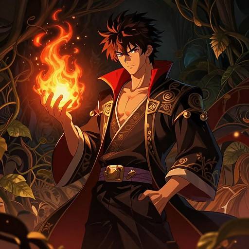 Anime-style digital drawing of a dark-haired, red-eyed male mage in a black and red robe, conjuring fire in a dark, jungle-like forest
