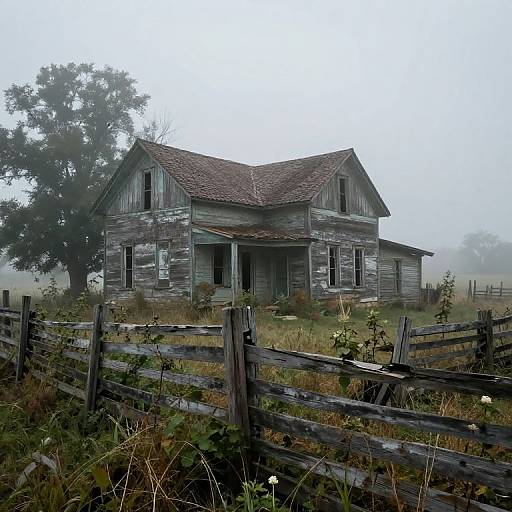 Photograph of a dilapidated, two-story, wooden farmhouse with a sagging roof, surrounded by a weathered wooden fence, overgrown grass