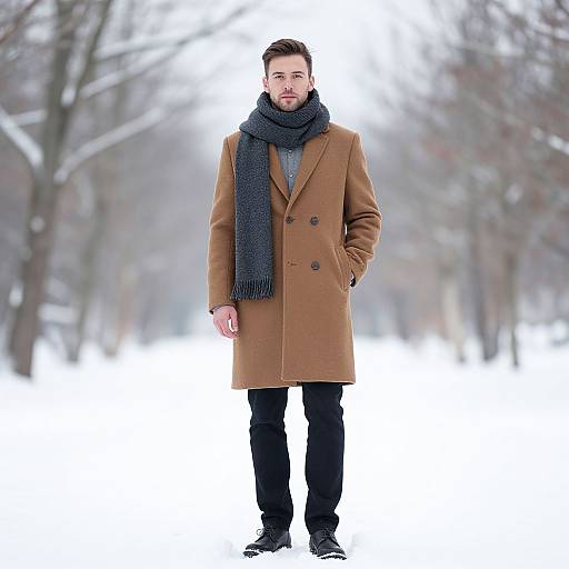 Photograph of a bearded man in a brown coat, black scarf, black pants, and black shoes standing in a snowy, leafless park.