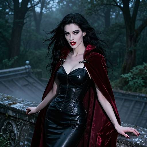 Photograph of a pale-skinned woman with black hair, red lipstick, black leather dress, and red velvet cape, standing in a misty forest