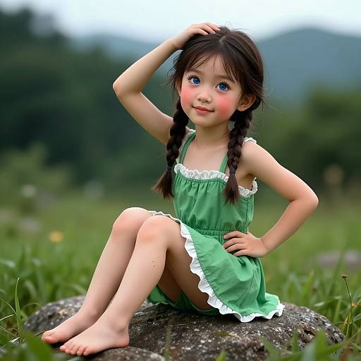 Digital art: Cute Asian girl with blue eyes, green dress, and braided hair, sitting on a rock in a grassy field.