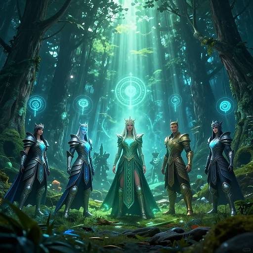 Fantasy forest scene with five armored, glowing-blue-clad characters standing around a central, crowned, green-robed figure, illuminated by magical blue orbs