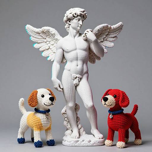 Photograph of a white, pixelated angel statue with wings, standing between two colorful, pixelated dogs—one brown and white, one red.