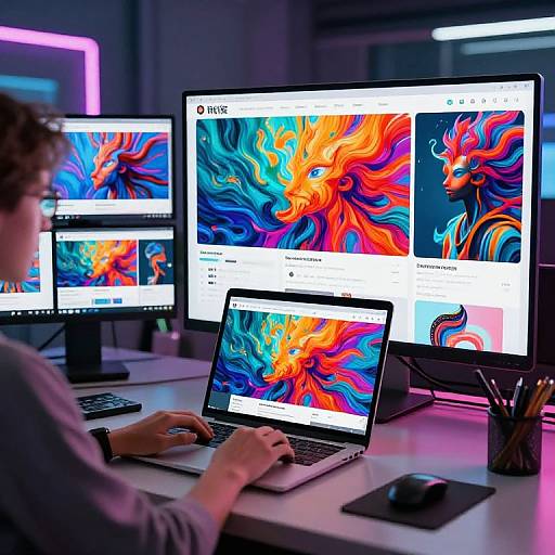 Photograph of a person with curly hair, in a gray sweater, working on a colorful abstract digital art project on multiple screens in a brightly lit,