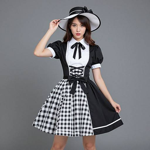 Photograph of an Asian woman in a black and white checkered maid outfit with a wide-brimmed hat, white collar, and black ribbon,