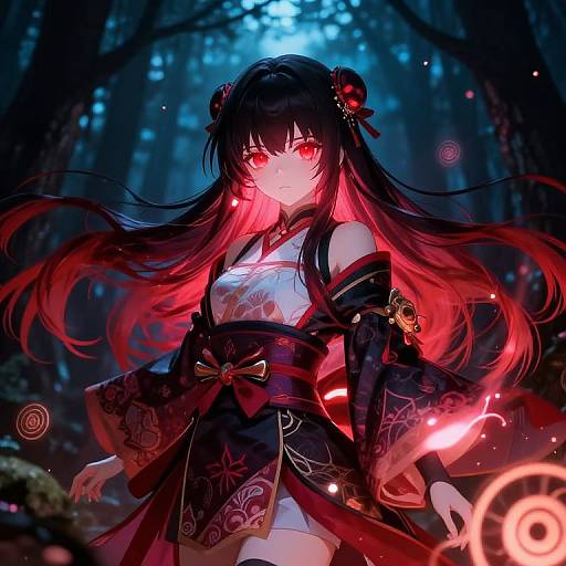 Digital anime artwork of a glowing red-eyed woman with black and red hair, wearing a traditional black kimono with red accents, in a dark, enchanted
