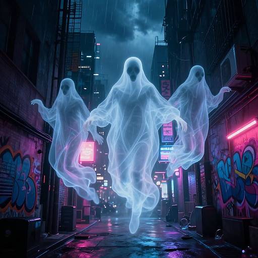 Neon-lit, rain-soaked urban alley at night, three glowing, ethereal, white ghostly figures float, surrounded by colorful graffiti and