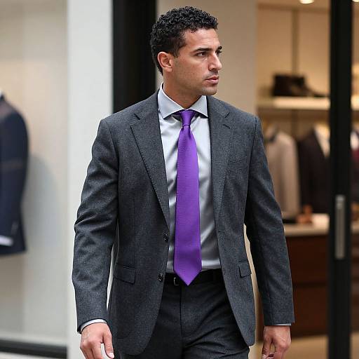 Photograph of a handsome man with short, curly black hair, wearing a dark gray suit, white shirt, and purple tie, walking indoors in a