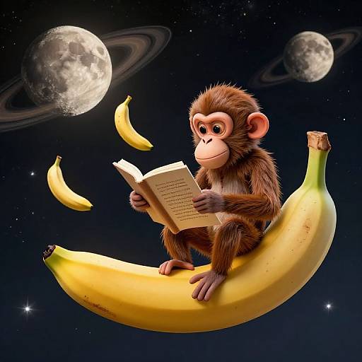 Digital illustration of a curious brown monkey reading a book on a yellow banana, floating in a starry night sky with two moons and floating bananas.