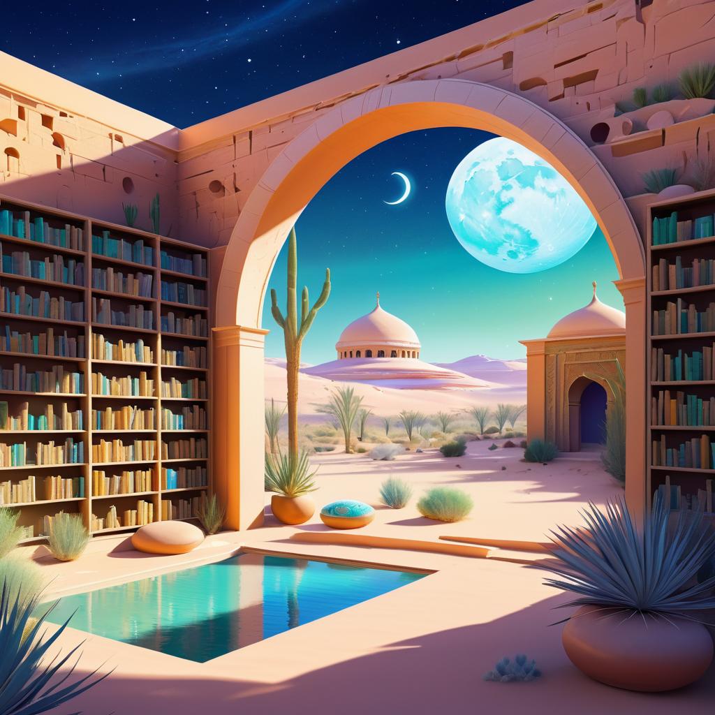 Mystical Oasis Library in Desert Midday