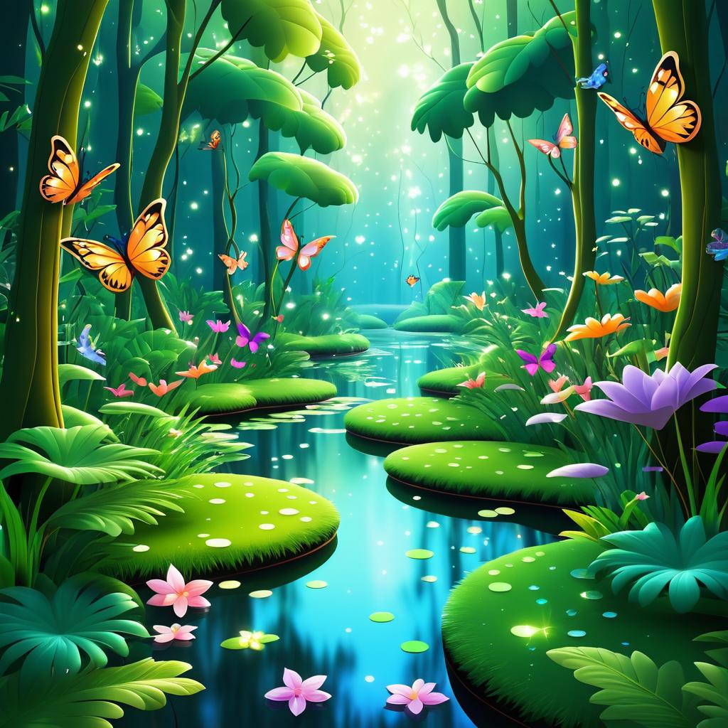 Vibrant Cartoon Forest with Butterflies