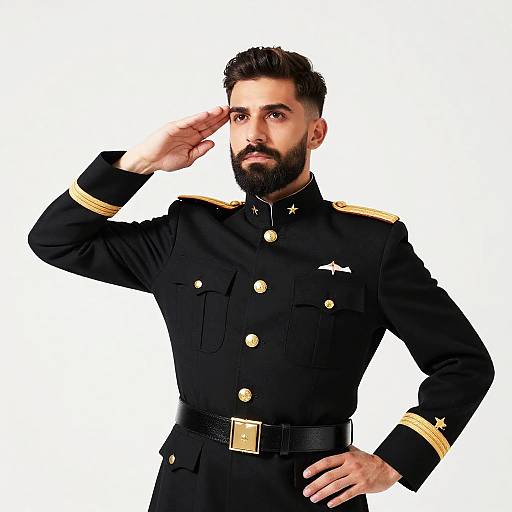 Photograph of a bearded man with dark hair, saluting with his right hand, wearing a black military uniform with gold trim and stars, white
