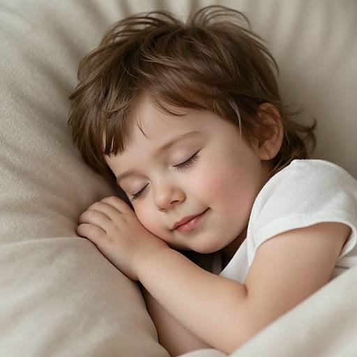Photograph of a smiling, brown-haired toddler with closed eyes, wearing a white shirt, asleep on a soft, beige pillow.