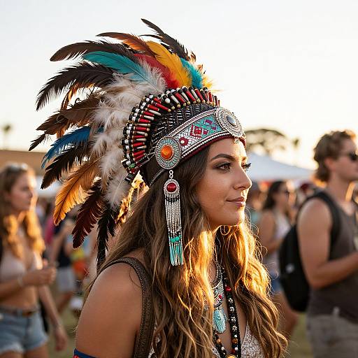 Photograph of a Native American woman with long brown hair, wearing a colorful feathered headpiece, beaded jewelry, and a brown top, standing