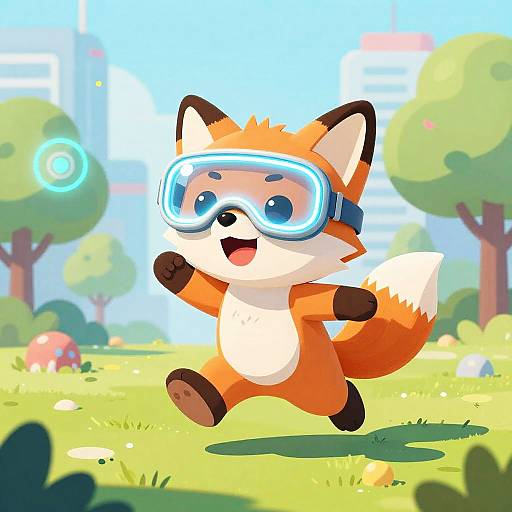 Cute cartoon fox in blue goggles joyfully runs in a sunny, vibrant park with colorful trees and a cityscape background.