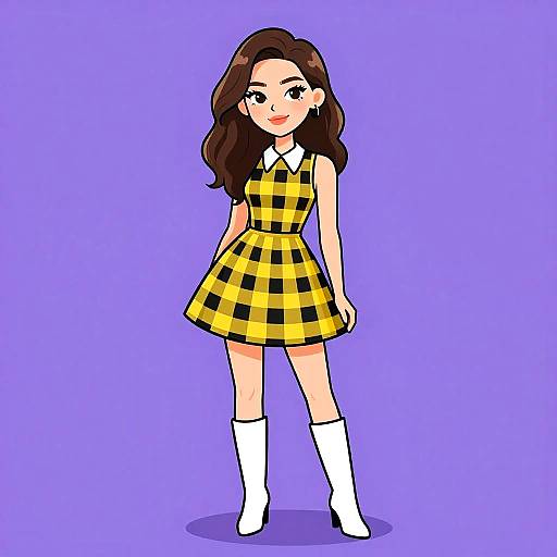 Digital drawing of a cute anime-style girl with wavy brown hair, wearing a yellow-black checkered dress, white collar, and white knee-high boots