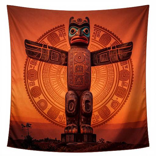 Vibrant digital artwork of a stylized, black totem with outstretched arms, set against a glowing red-orange circular sun background with intricate