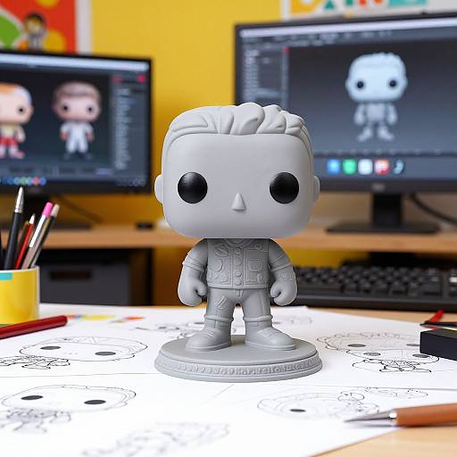 Photograph of a gray Funko Pop figure with black eyes, detailed suit, on a desk with dual monitors, colorful background, and drawing tools.