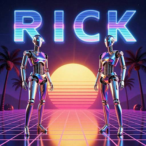 Retro 80s Synthwave Robots at Sunset