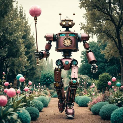 Flying Steampunk Robot in a Bubblegum Garden